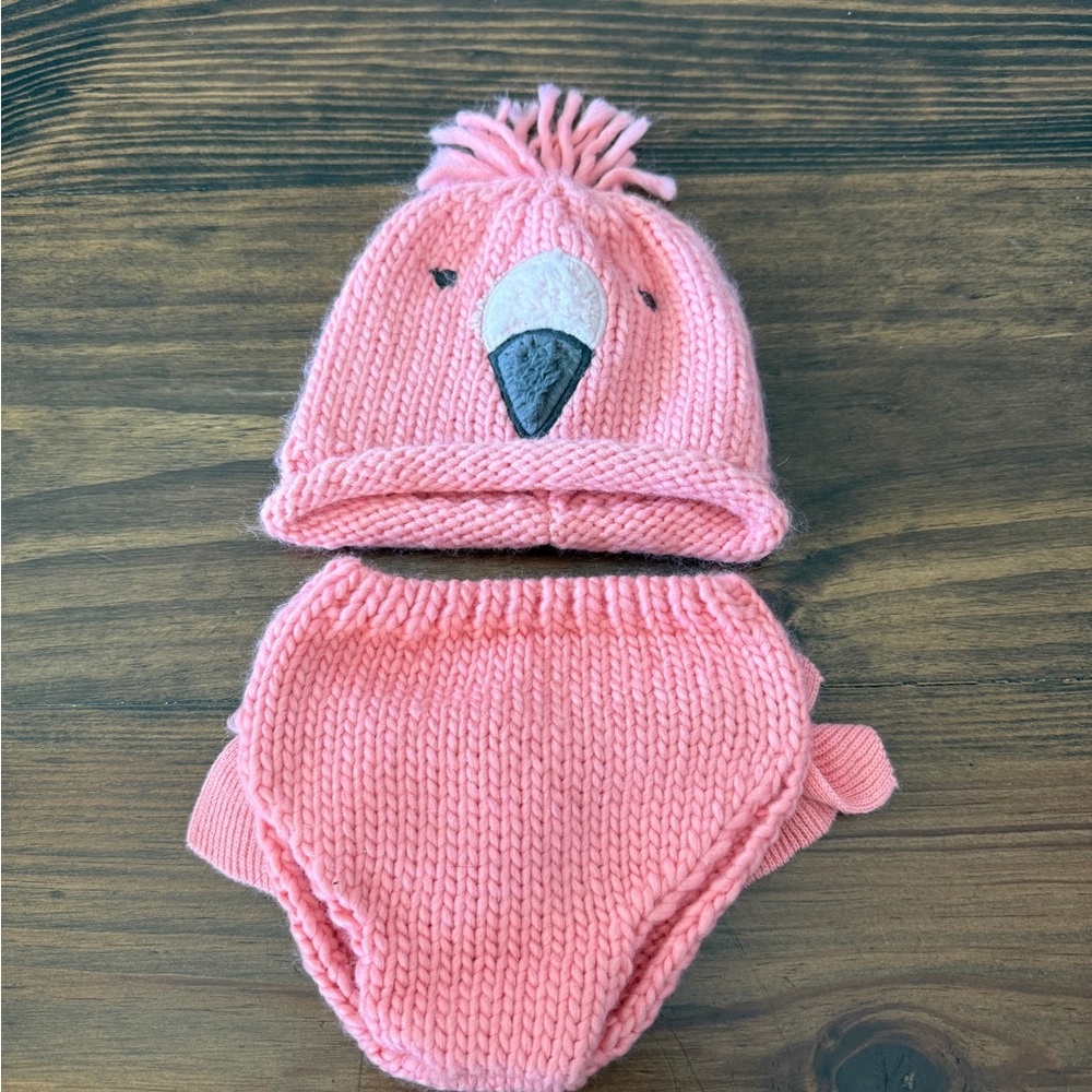 Pink Flamingo Knit Hat and Diaper Cover Set